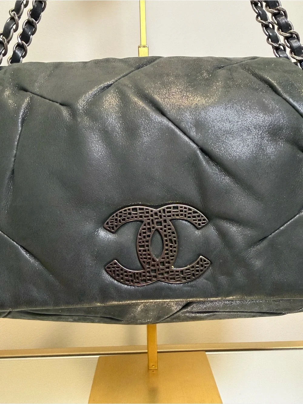CHANEL Glint Flap Bag Dark Gray Iridescent Calfskin East West w/ COA